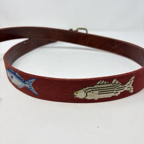 Smathers and Branson Needlepoint Belt Fish Red Canvas Brass Buckle Size 48 - Picture 9 of 10
